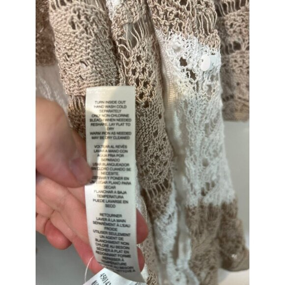 Chico's Sz 2 (US L 12) Open Front Knit Cardigan Beige White Stripe Sequin Detail - Picture 5 of 7